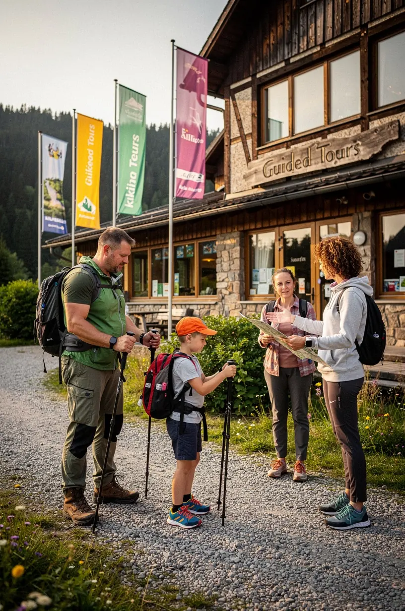 Geführte Wandergruppe mit erfahrenem Tourenleiter auf einem Waldweg in einer deutschen Mittelgebirgsregion.
