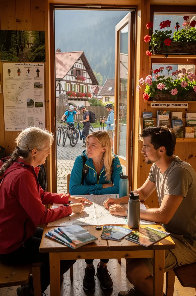 Mitarbeiter in einem Wanderzentrum erklärt Touristen die beste Ausrüstung für verschiedene Wandertouren.